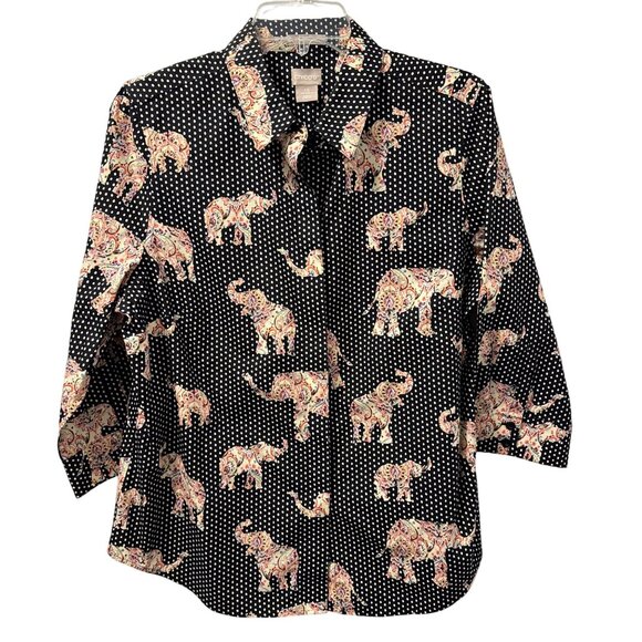 Chicos Black & White Paisley Elephant Print Button-Up Shirt Size 10 blouse - Picture 7 of 12